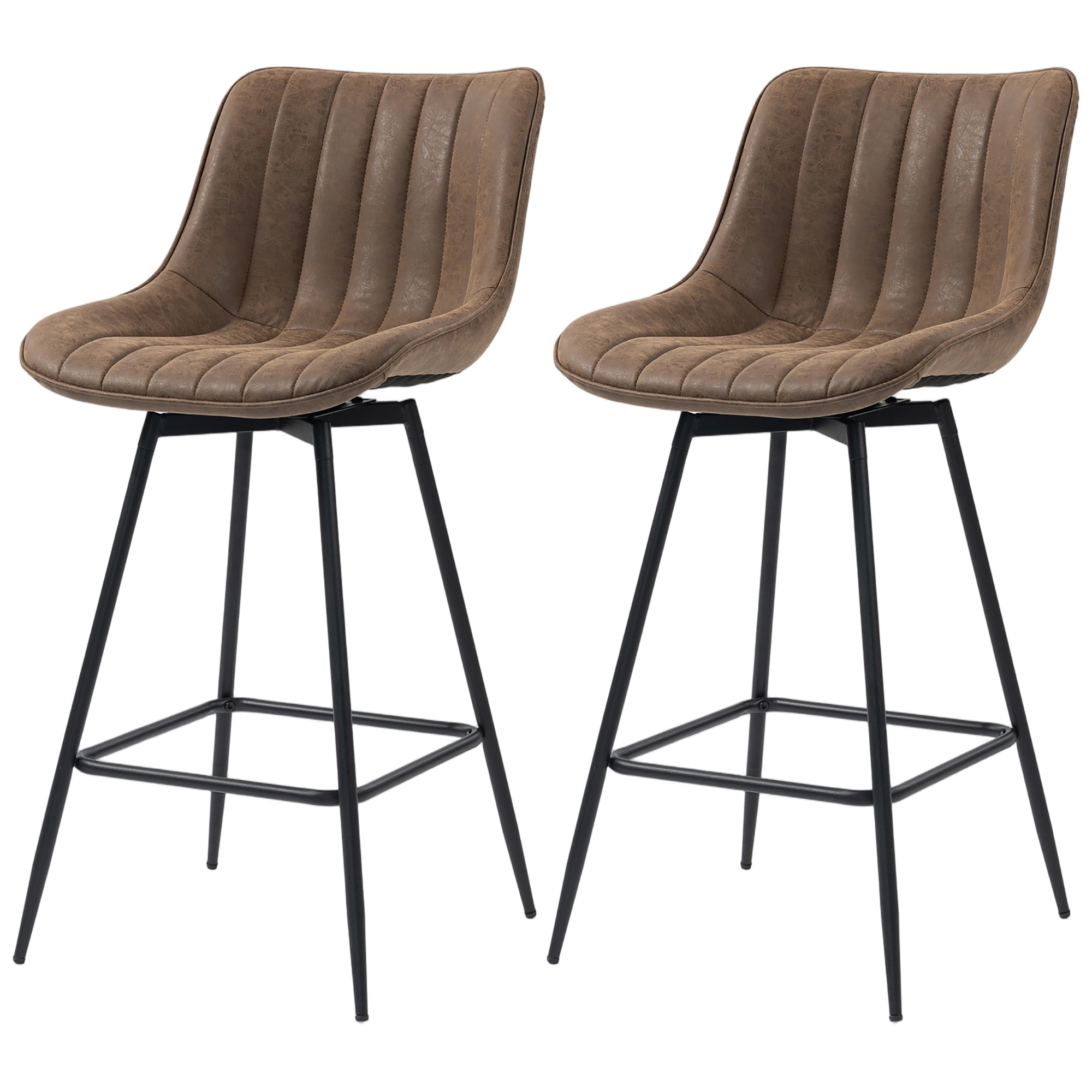CoSoTower Set of 2 Counter Height Barstools, PU Leather Upholstered Bar Stools with Backrest, Footrest and Steel Legs, Brown