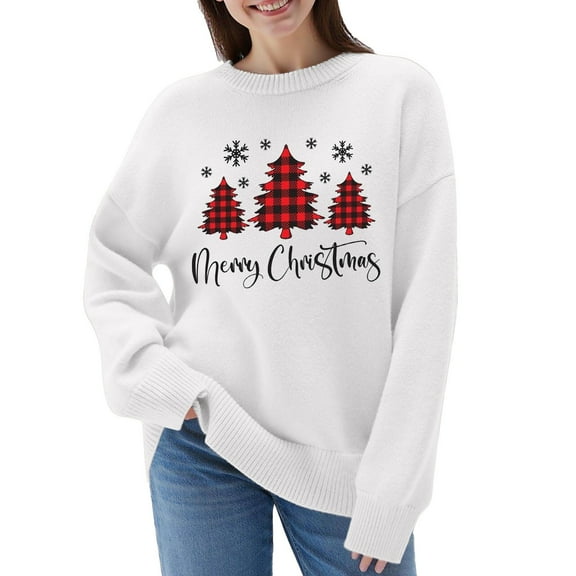 Fiaer Merry Christmas Tree Womens Sweater Oversized Knitted Pullover Trendy Fall Crew Neck Long Sleeve Baggy Xmas Tops White XL