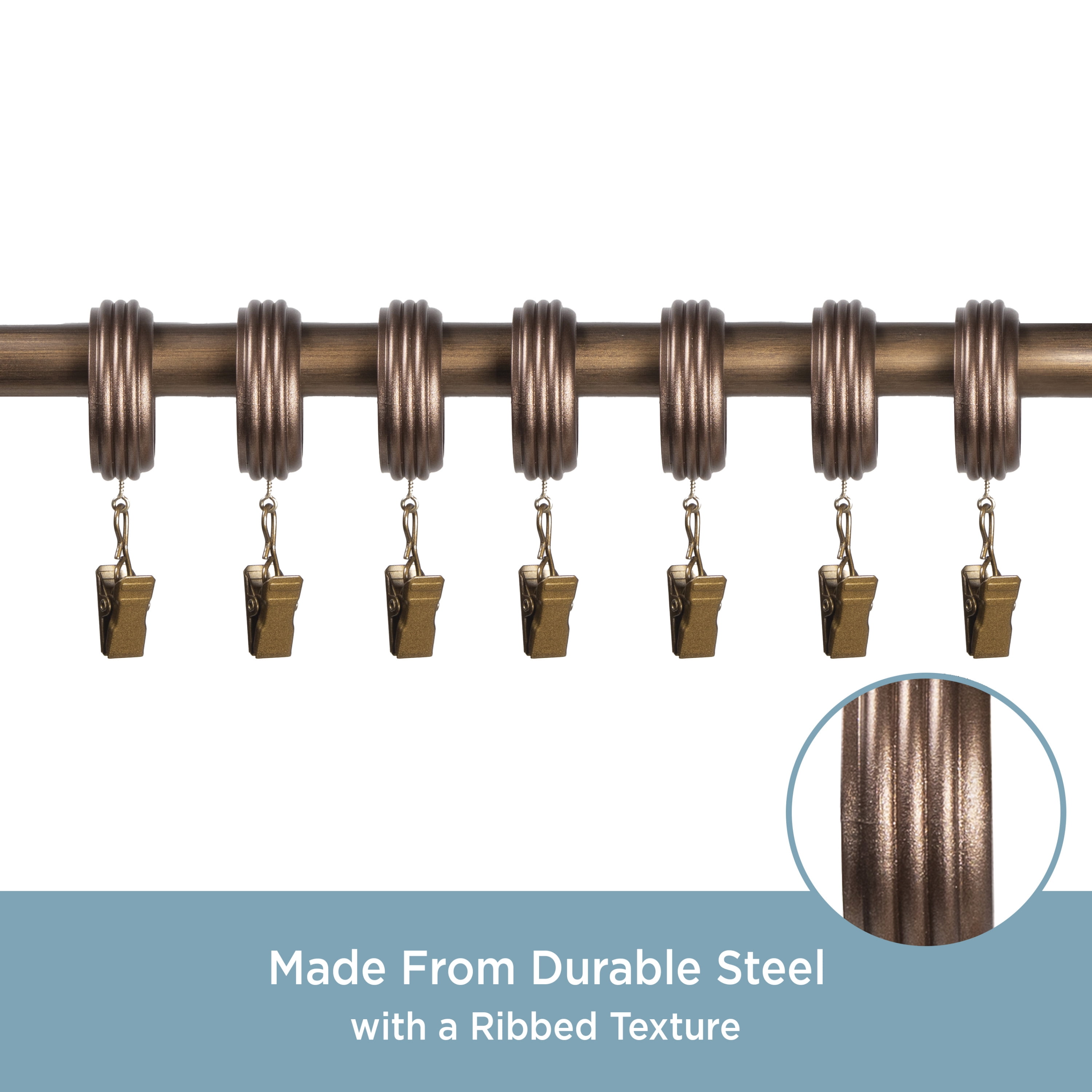 Kenney Ribbed Clip Rings for 1-1/4" Diameter Curtain Rods, Rustic Copper, 7-Pack