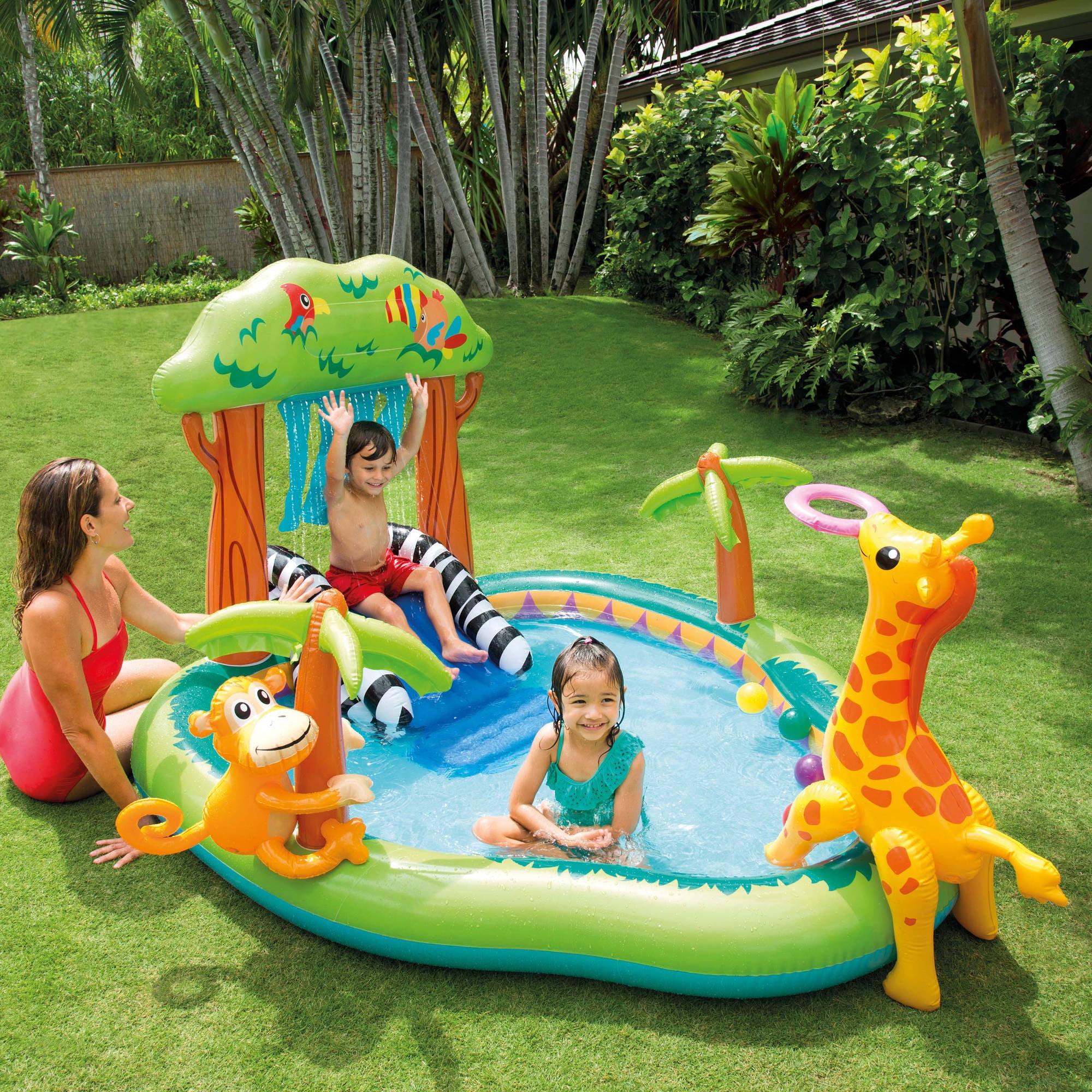 Røg Ørken Profeti Intex Inflatable Jungle Play Center with Water Slide and Sprayer -  Walmart.com