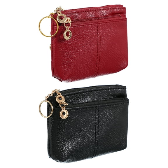 5" x 3.5" Coin Purse Pouch, 2Pcs Leather Change Purses Small Organizer Bags with Zipper Key Ring for Women Men Home, Black/Orange