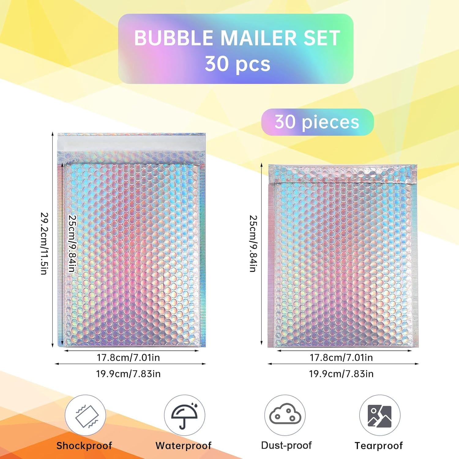 30 Pcs Metallic Bubble Mailer,Poly Padded Envelopes,Waterproof Self Seal Adhesive Shipping Bags,Foil Glitter Glamour Shipping Mailer,Holographic Cushion Envelopes for Mailing,Small Business