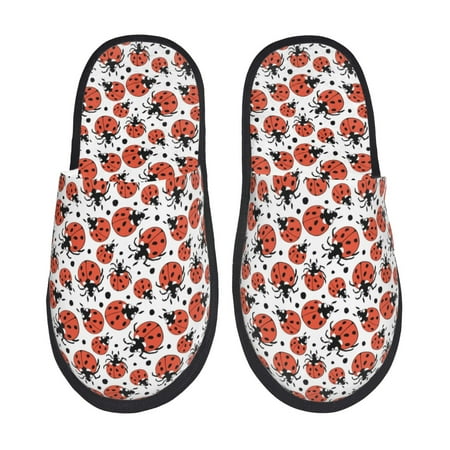Balery Red Ladybugs Slient Indoor Furry Fleece Comfort House Shoes Soft Non-Slip Home Shoes Cotton slippers House Slippers-- Large