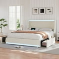 thumbnail image 4 of VECELO Full Bed Frame with LED Lights Beige Metal Frame Queen Platform Bed with 2 Storage Drawers, Charge Station, USB Ports, Upholstered Headboard,Beige, 4 of 13