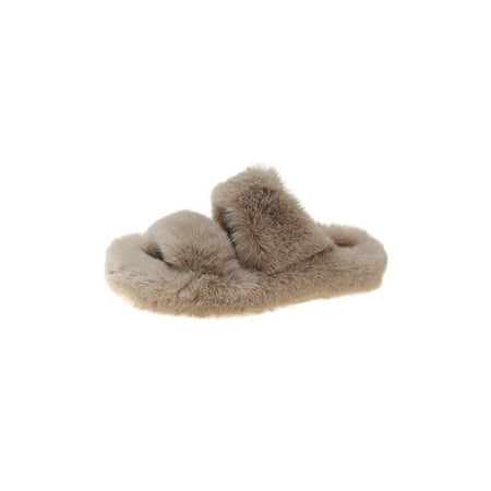 

Difumos Ladies Non-slip Flat House Slipper Two-Strap Fuzzy Slippers Home Comfort Open Toe Warm Fluffy Slides Khaki 4.5