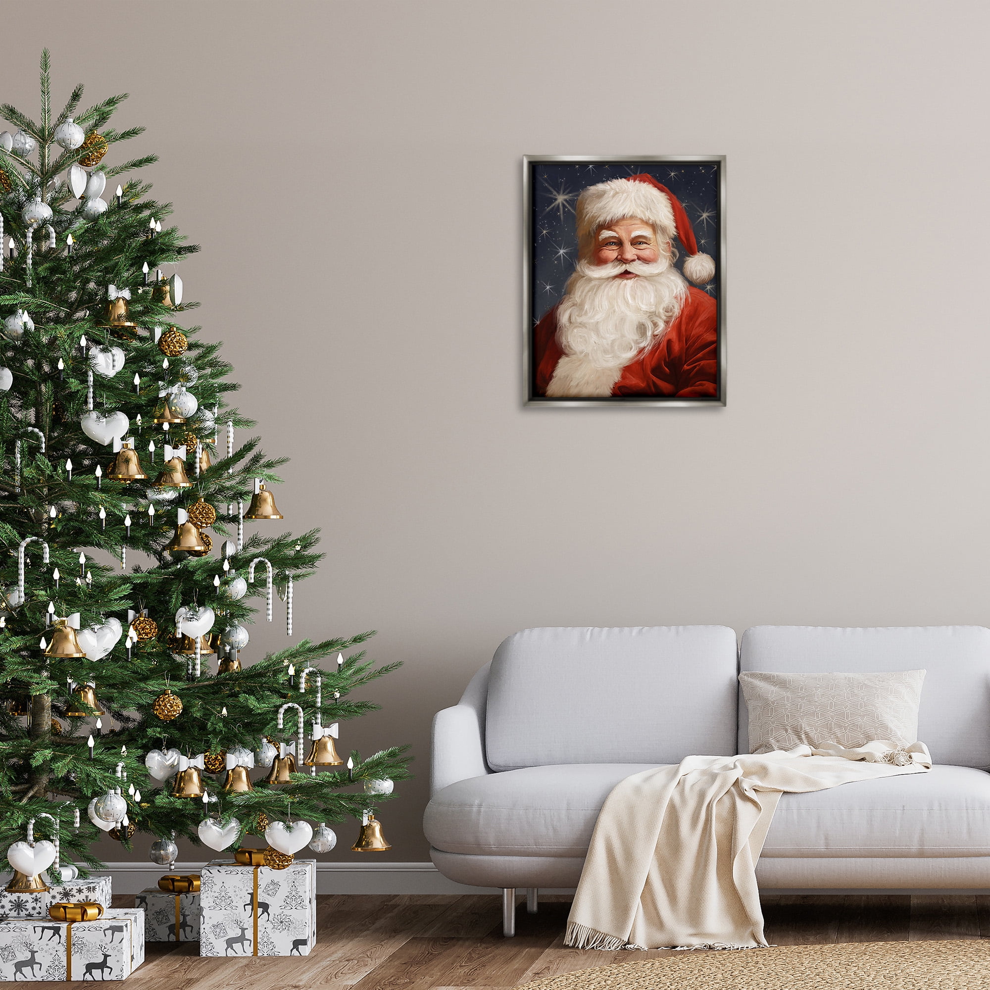 Stupell Industries Smiling Santa Claus Portrait Holiday Painting Gray Floater Framed Canvas Art Print Wall Art, 25 x 31