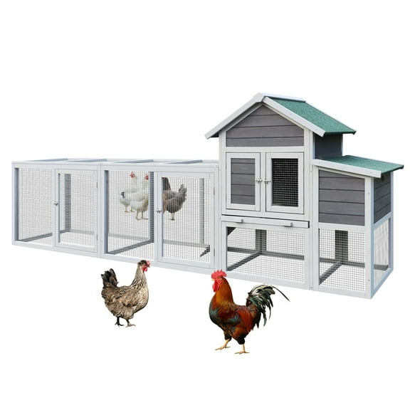 Izzovium Gray Wooden Chicken Coop with Outdoor Run, Hen House for 3-4 Poultry, Waterproof Roof, Nesting Box, Perch & Sliding Tray