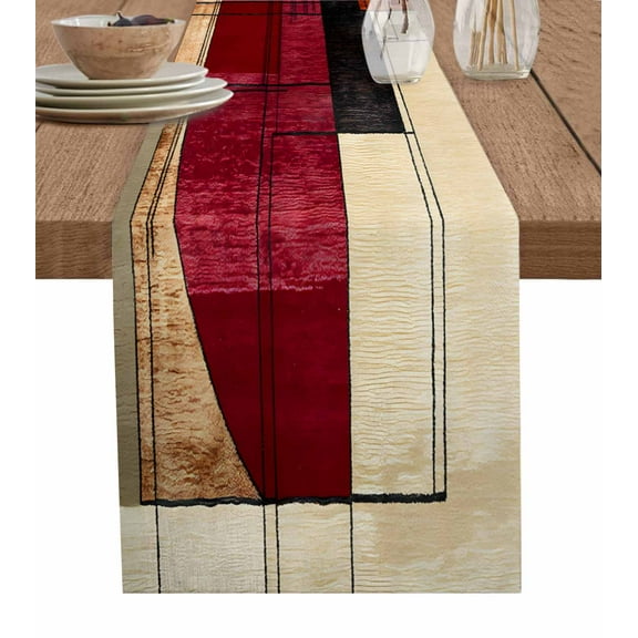 Red Beige Geometric Table Runner 72 Inches, Modern Abstract Art Bed Runner Dresser Scarves Tabletop for Indoor Outdoor Parties/Ceremony/Banquet, 14" x 72"