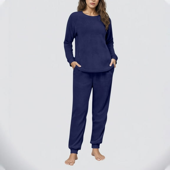 BLTIBY Fleece Pajama Sets for Women 2 Piece Crew Neck Fuzzy Long Sleeve Pants Loose Casual Sleepwear Outfits with Pockets Light Blue S