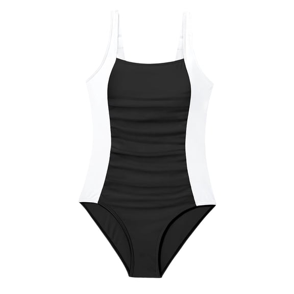 YunPes Girl Swimsuit One Piece White & Black Color Block Bathing Suit for Girl Retro Square Neck Adjustable Straps Girls' Swimwear