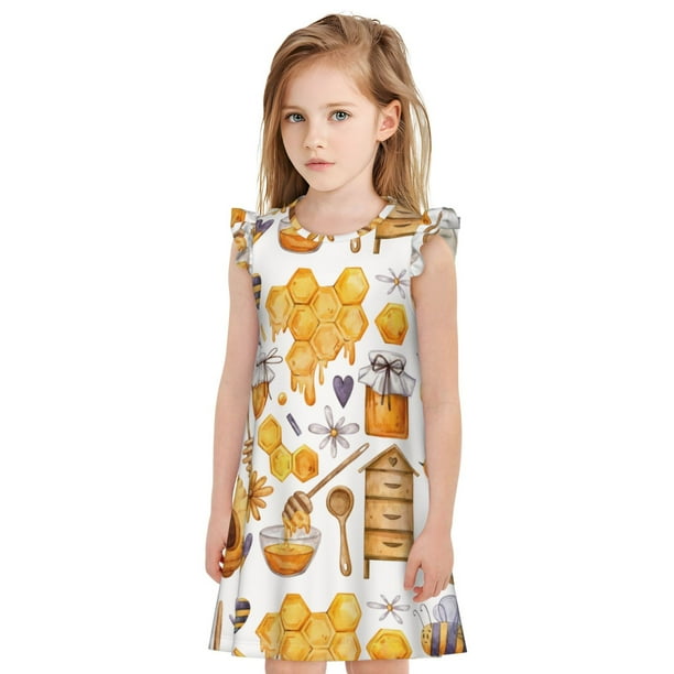 Fotbe Honey Bee Set Vestido de Dormir para Niñas de 3 a 10 Años, Mangas Cortas, Estilo Princesa, Pijama Camisón con Mangas Voladas-Large