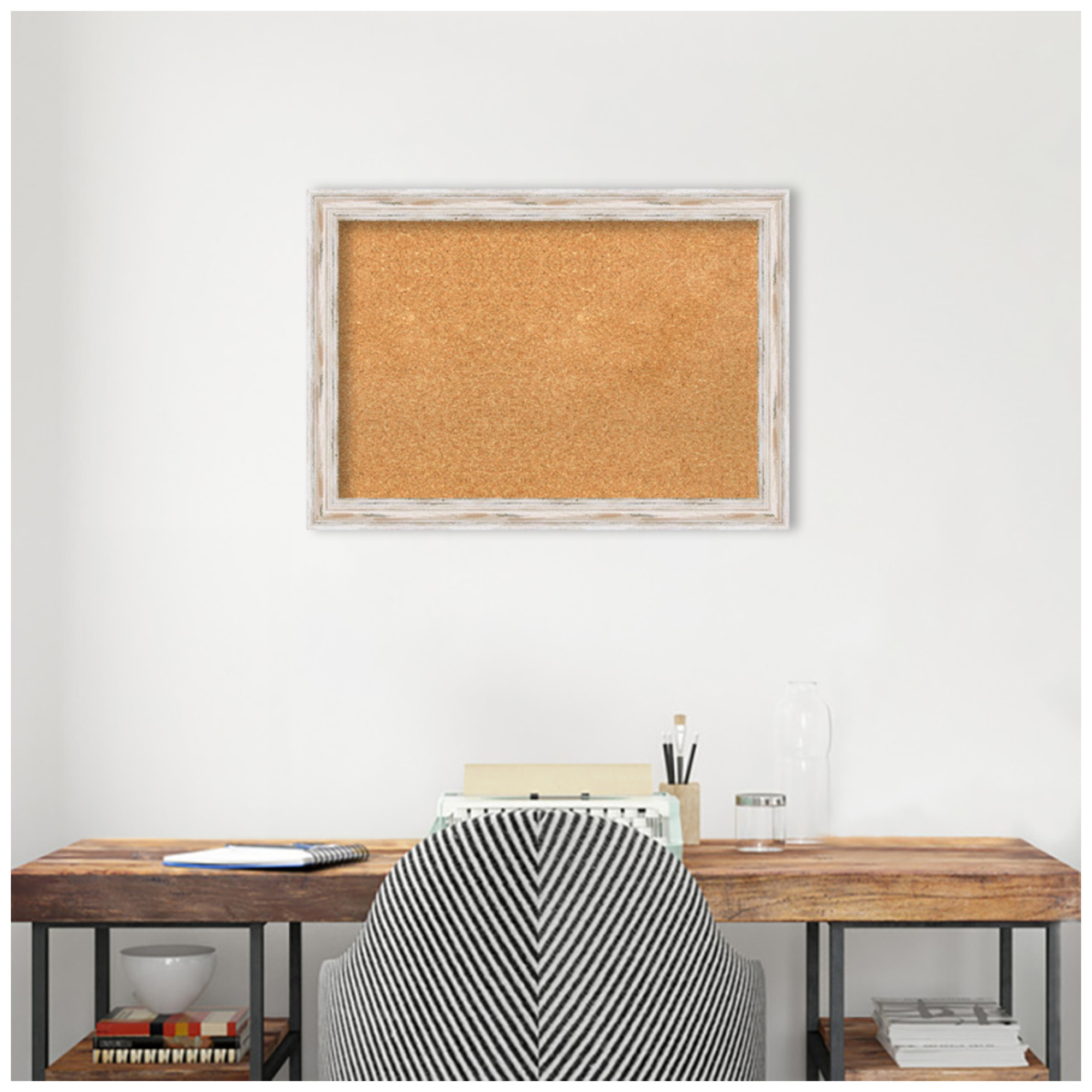 Amanti Art Natural Cork Board Wood Framed Alexandria White Wash Narrow Bulletin Board 27 in. x 19 in.