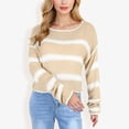 thumbnail image 3 of Women's Long Sleeve Striped Sweater With Crew Neck, Cropped Fit- Medium, Beige, 3 of 6