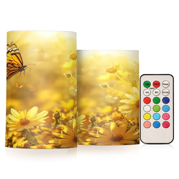 2 PCS Flameless Candles with Remote Timer LED Battery Operated Flickering Candle Light for Wedding Table Home Decoration Gifts Yellow Flowers and Butterfly