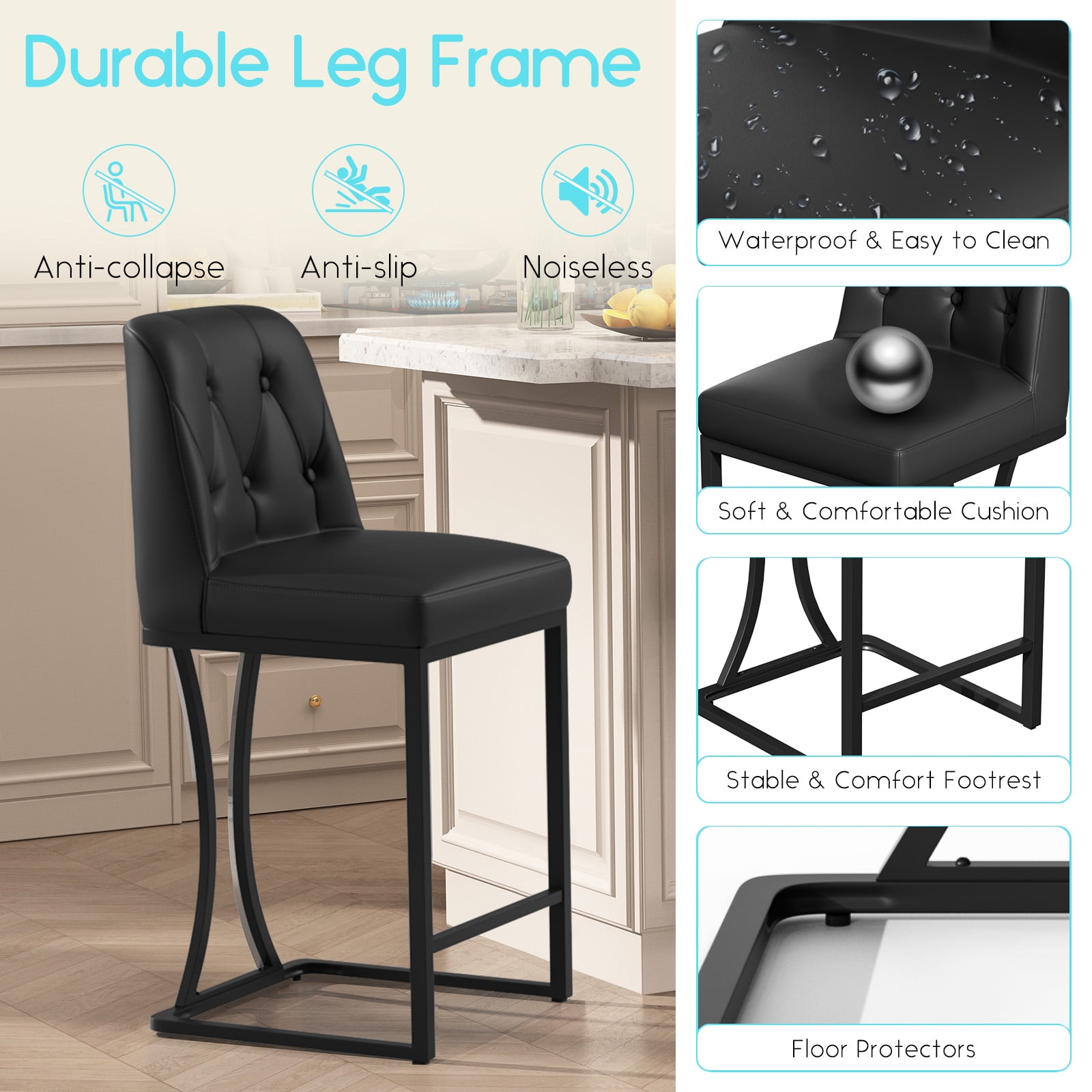 iooHug Set of 2 Black Bar Stools, 24" Counter Height Bar Stools, Faux Leather Bar Chairs with Back and Black Footrest, Modern Kitchen Island Stools for Dining Room or Bar Area