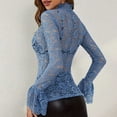 thumbnail image 4 of Women'S Tops Ladies Tops And Blouses Fall Long Sleeve Floral Lace Neck Long Flounce Sleeve Pullover Sheer Slim Fit Stand Collar Womens T Shirts Dressy Casual Blue M, 4 of 6