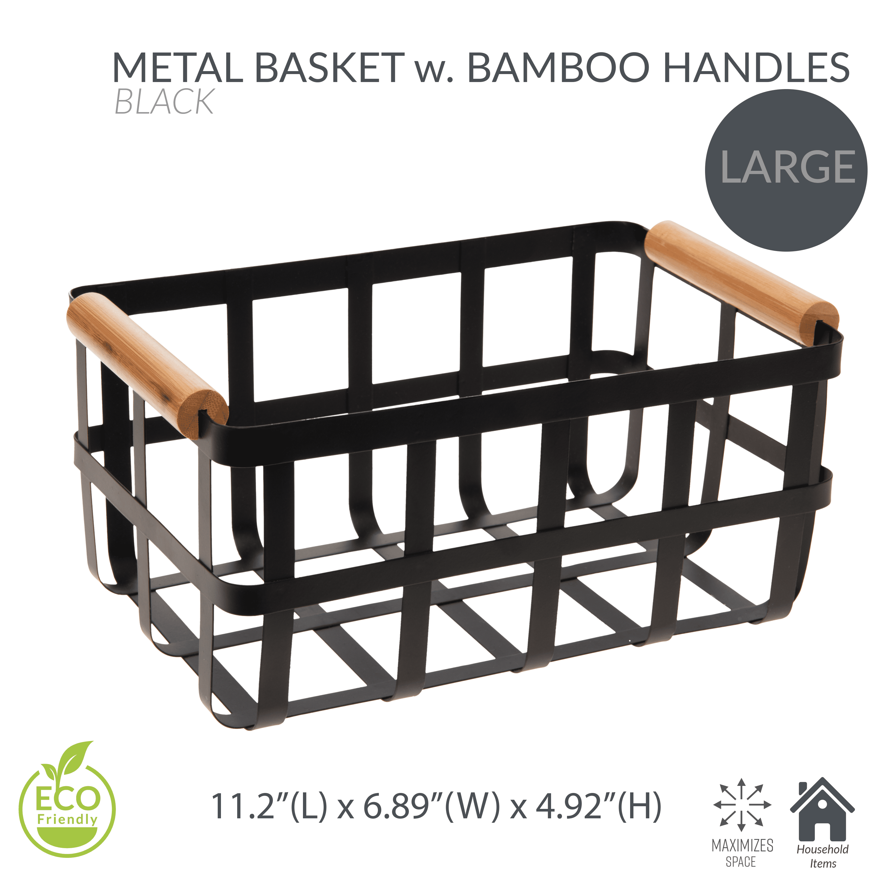 Simplify 4 Pack Metal Storage Basket with Bamboo Handles in Black