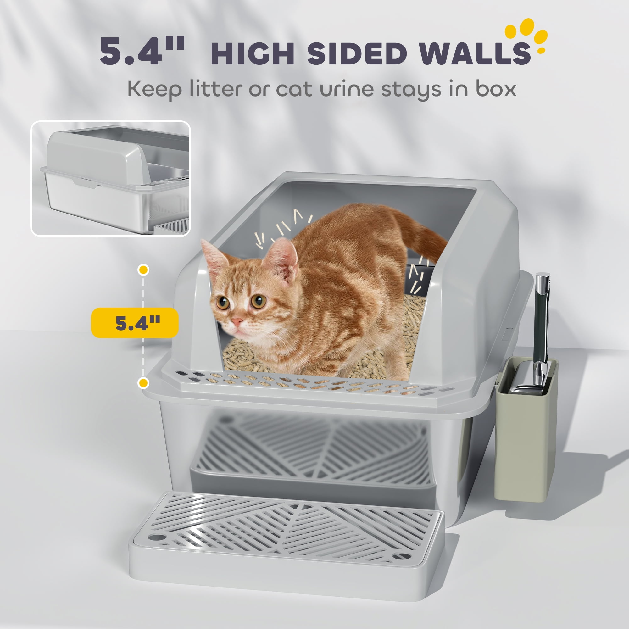 PawHut Stainless Steel Litter Box, Metal Litter Box High Sided, Anti-Urine Leakage, Non-Sticky, with Metal Scoop & Scoop Holder, 24" x 16" x 11"