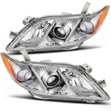 For 2007 2008 2009 Toyota Camry Headlight Assembly Chrome Housing Headlamp with Amber Reflector Clear Lens (Driver and Passenger (Best Headlight Assembly Brand)