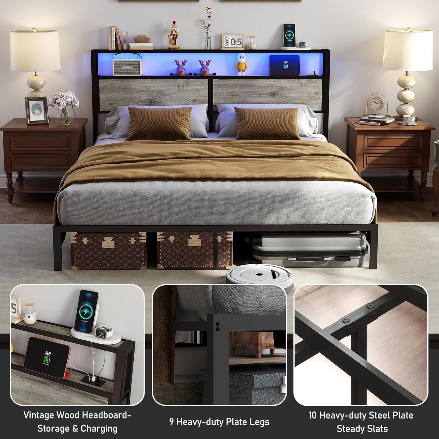 DRNANLIT King Size  Bed Metal Platform Bed Frame with LED Lights Storage Headboard＆Charging Station,Noise Free, Easy Assembly, Rustic Grey