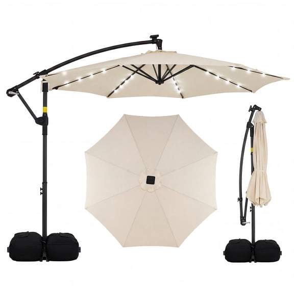 Costway 10 FT Solar Offset Hanging Umbrella Patio Cantilever Umbrella with 32 LED Lights Beige