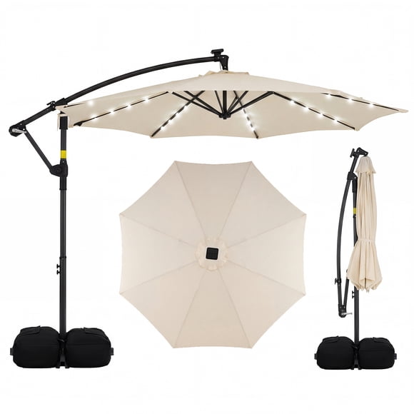 Costway 10 FT Solar Offset Hanging Umbrella Patio Cantilever Umbrella with 32 LED Lights Beige