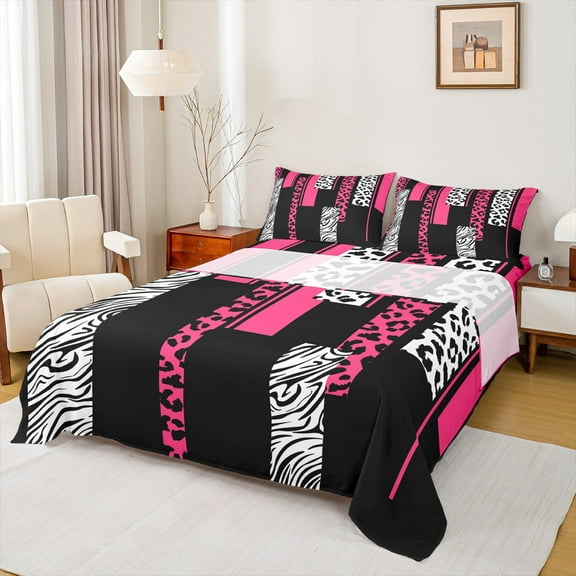 Manfei Chic Leopard Print Twin Sheet Sets for Female, Cheetah Zebra Animal Twin Fitted Sheet, Black Pink Geometric Flat Sheet, Super Cozy Room Decor, 3-Piece