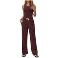 thumbnail image 2 of Woman Solid Color Sleeveless Sets, 2025 New Fashion Round-Neck Sleeveless Tank with Drawstring Long Pants Suits, Loungewear Tracksuits Ladys Beach Outfits Wine L, 2 of 5