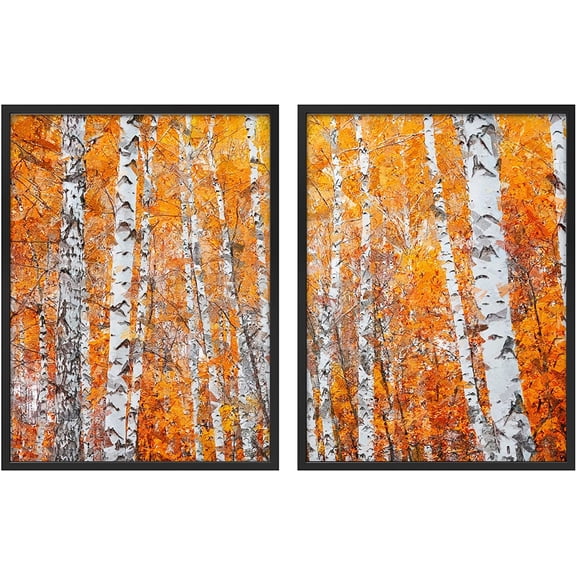 PixonSign Framed Wall Art Collage Print Gallery Set Autumnal Bright Leaves on White Trees Nature Wilderness Photography Realism Modern Group Warm for Living Room, Bedroom, Office - 12"x16"x2 BLACK