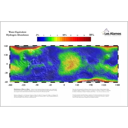 24"x36" Gallery Poster, map water ice in upper meter of planet mars surface mid latitudes