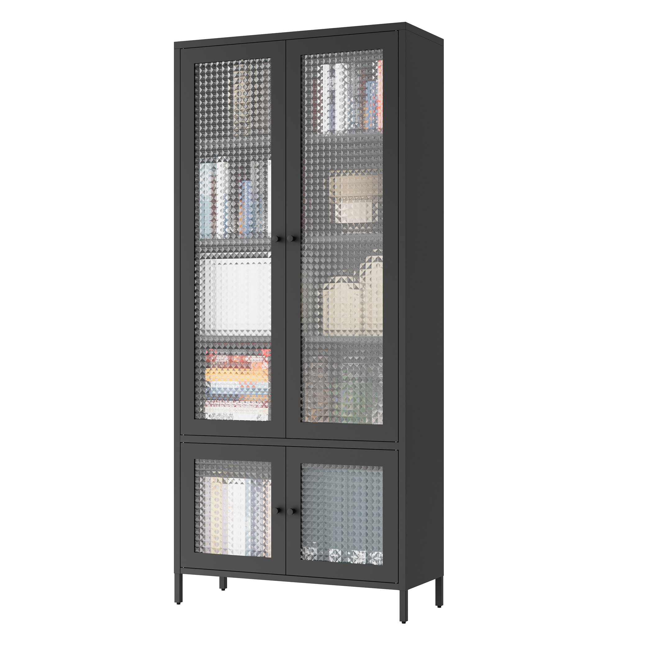 Large Metal Storage Cabinet Display Cabinet with 4 Glass Doors 5 Shelves Side Cabinet Bookcase Freestanding Cabinet for Bedroom Living Room Pantry Home Office - Black, Waffle