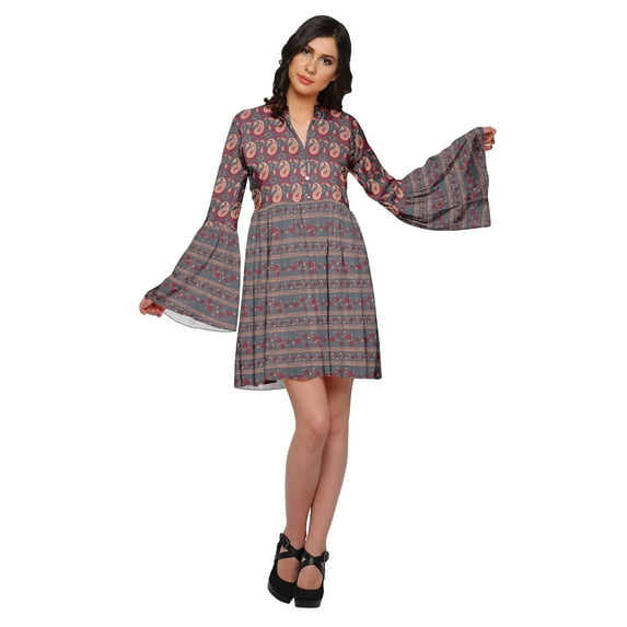 Moomaya Printed Women Mini Long Bell Sleeve Shift Dress Clothing Summer Wear