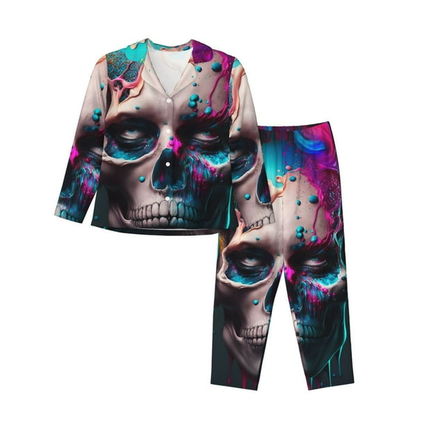 Balery Modern Abstract Colorful Skull B Conjunto de Pijama con Estampado para Mujer, Conjunto de Dos Piezas con Manga Larga, Ropa de Dormir Suave con Bolsillos, Pijamas Cómodos-XX-Large
