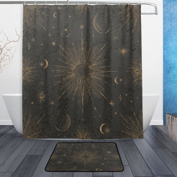TTYFWHD 60" x 72" Shower Curtain and Bath Mat Set Vintage Celestial Pattern Waterproof Bathroom Curtain with 12 Hooks, Bathroom Decor Set