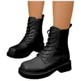 thumbnail image 1 of Rokment Womens Square Toe Combat Boots Fall Winter Vintage Classic Leather Lace up Platform Chunky Lug Sole Mid Calf Riding Short Booties, 1 of 7