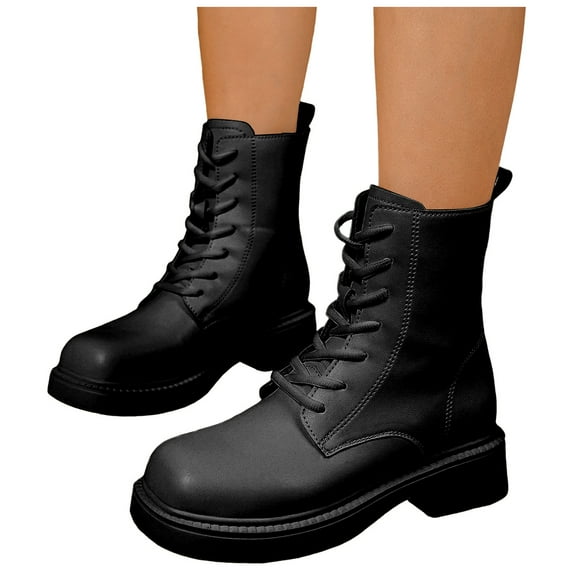 Rokment Womens Square Toe Combat Boots Fall Winter Vintage Classic Leather Lace up Platform Chunky Lug Sole Mid Calf Riding Short Booties Black Size 6.5