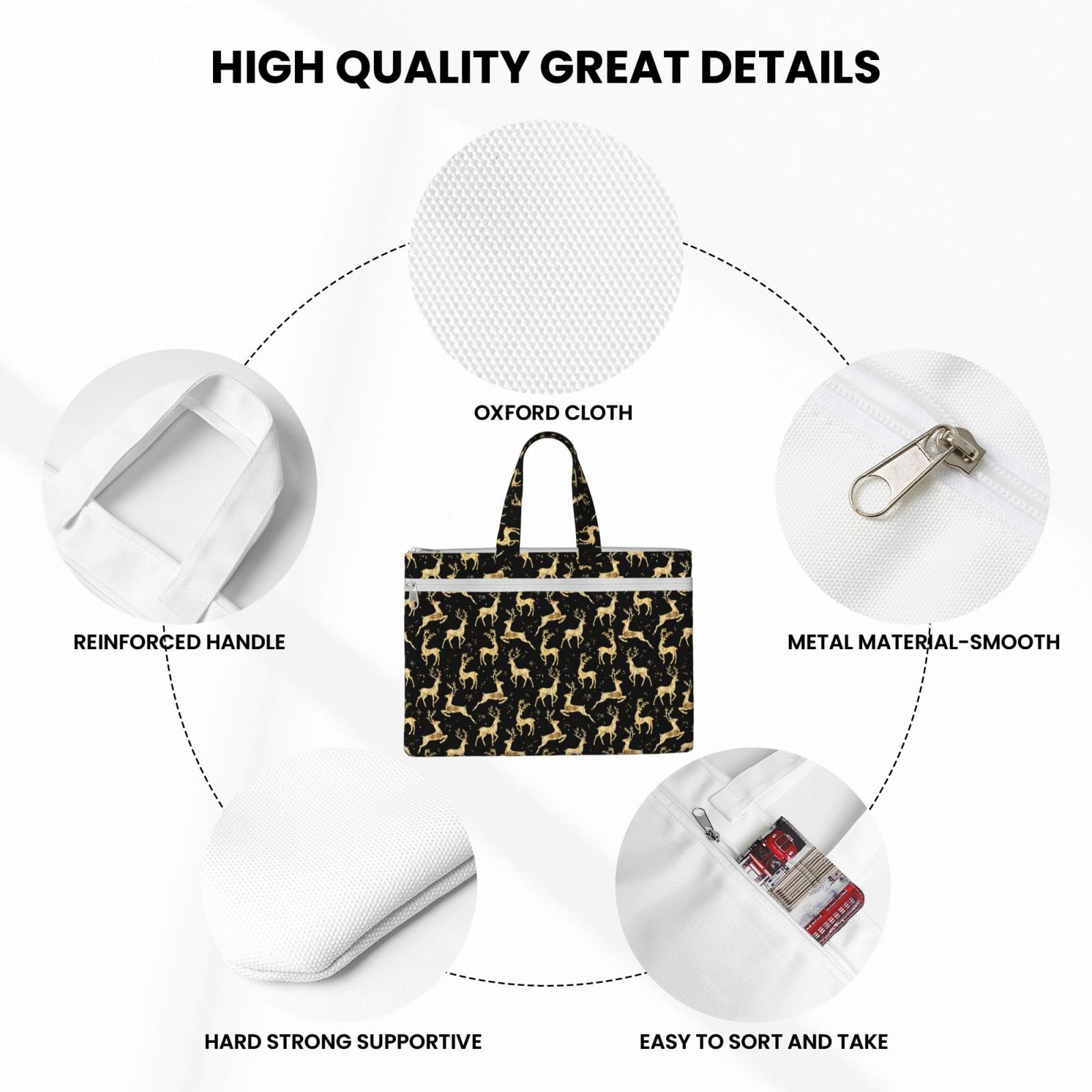 Kdxio Christmas Gold Deers File Tote Document Bag Business Briefcase Bag Document Organizer Tote Briefcase for Letter A4 Files Business Teacher Office Bag