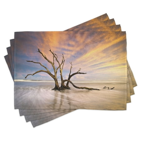 

Driftwood Placemats Set of 4 Seascape Theme Dead Tree Driftwood in the Ocean at Sunset Landscape Print Washable Fabric Place Mats for Dining Room Kitchen Table Decor Beige and Orange by Ambesonne