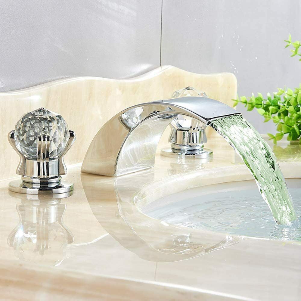 Widespread Bathroom Basin Sink Faucet LED Spout 2-Handle 3 hole Mixer Tap Chrome