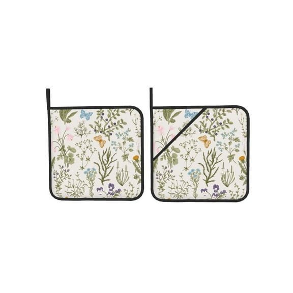 Kitchen Pot Holders Heat Resistant Oven Hot Pads With Hand Pockets And Hanging Loops For Baking Cooking 2 Pack 8'' X 8'' Vintage Floral Pattern Herbs Flower