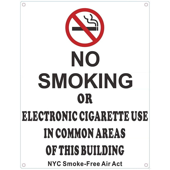 NO Smoking OR Electronic Cigarette USE in Common Areas of This Building - NYC Smoke Free ACT Sign(RED Logo,White, Aluminium 8.5X11-Rust Free)