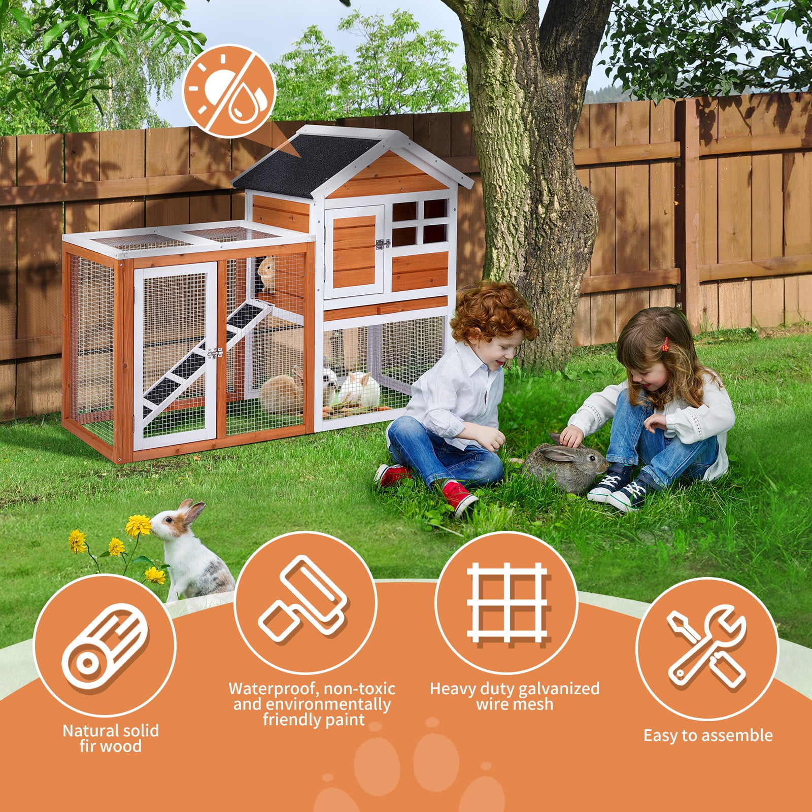 ZHICHUN Wooden Rabbit Hutch with Run Indoor Outdoor Bunny Cage Guinea Pig House with Pull Out Tray Orange