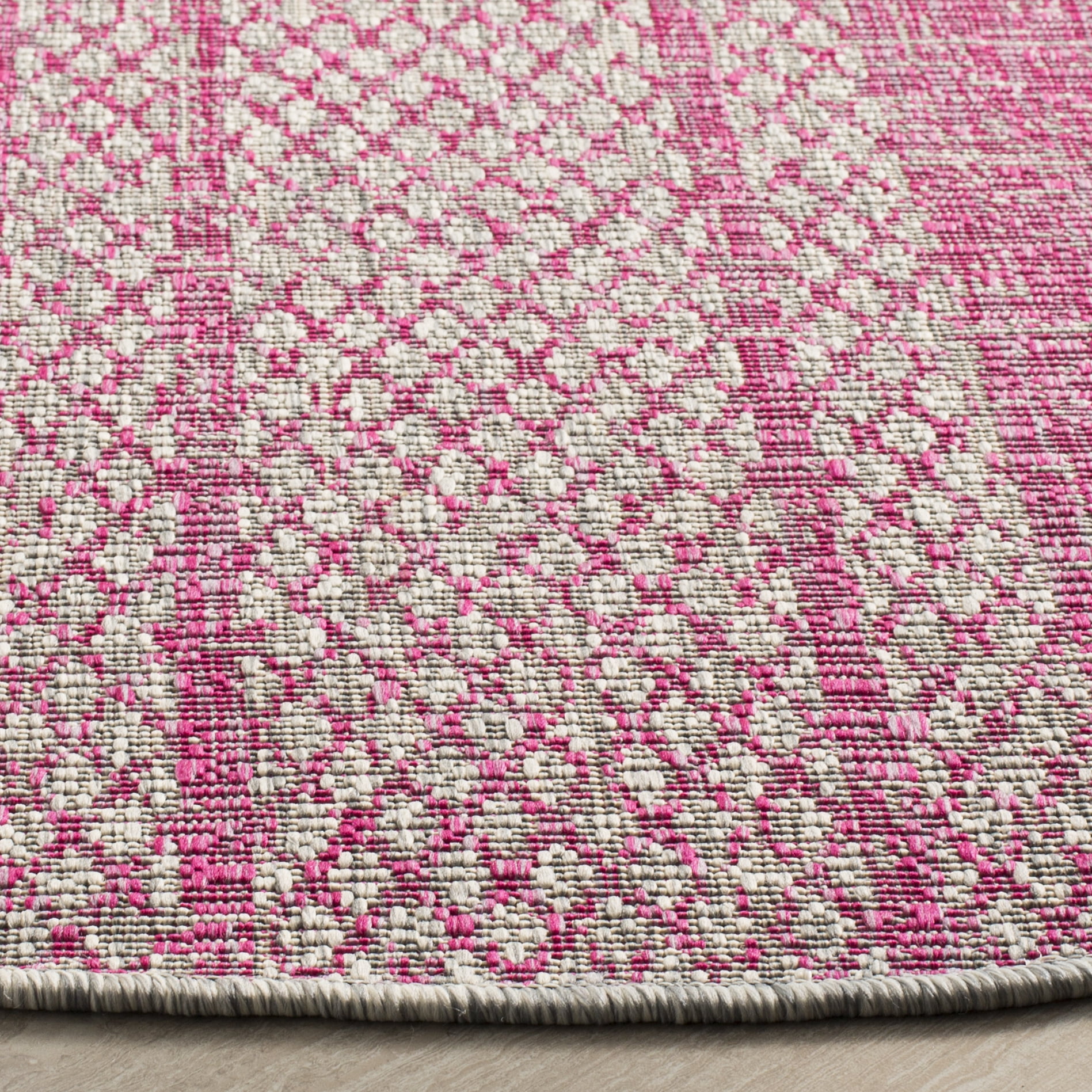 SAFAVIEH Courtyard Robert Striped Indoor/Outdoor Area Rug, 6'7" x 6'7" Round, Light Grey/Fuchsia