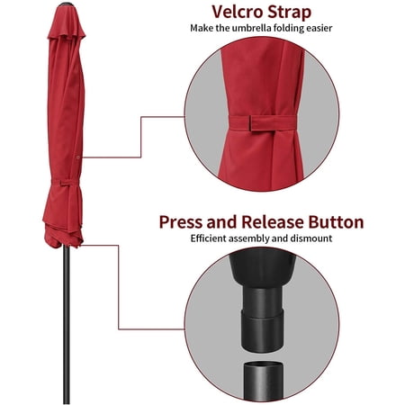 Simple Deluxe 9ft Outdoor Market Table Patio Umbrella with Button Tilt and 8 Sturdy Ribs, Red