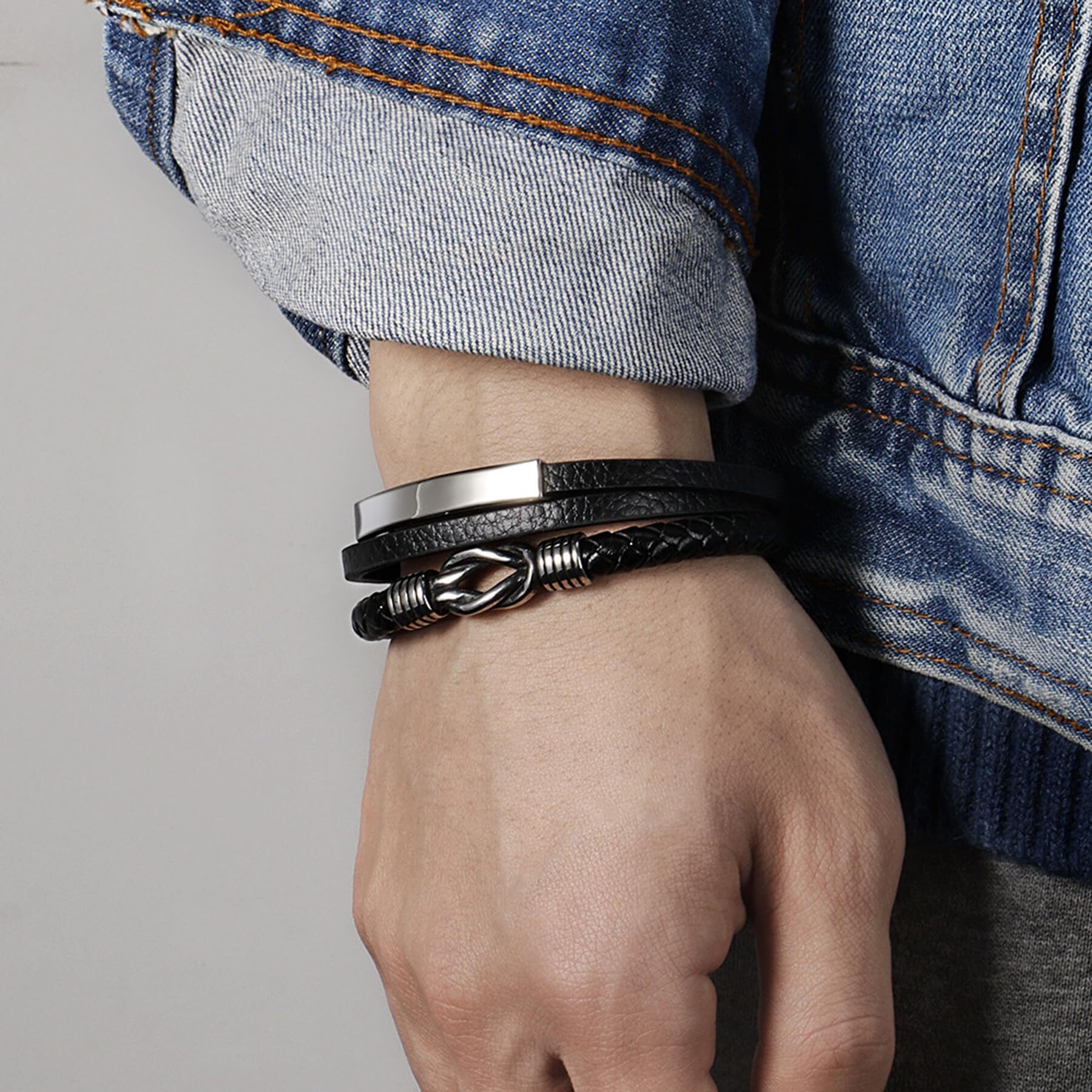 Inpasne Men's Leather Bracelet Braided Wristband Bangle Stainless Steel Bracelet Jewelry Gifts for Men Husband Dad