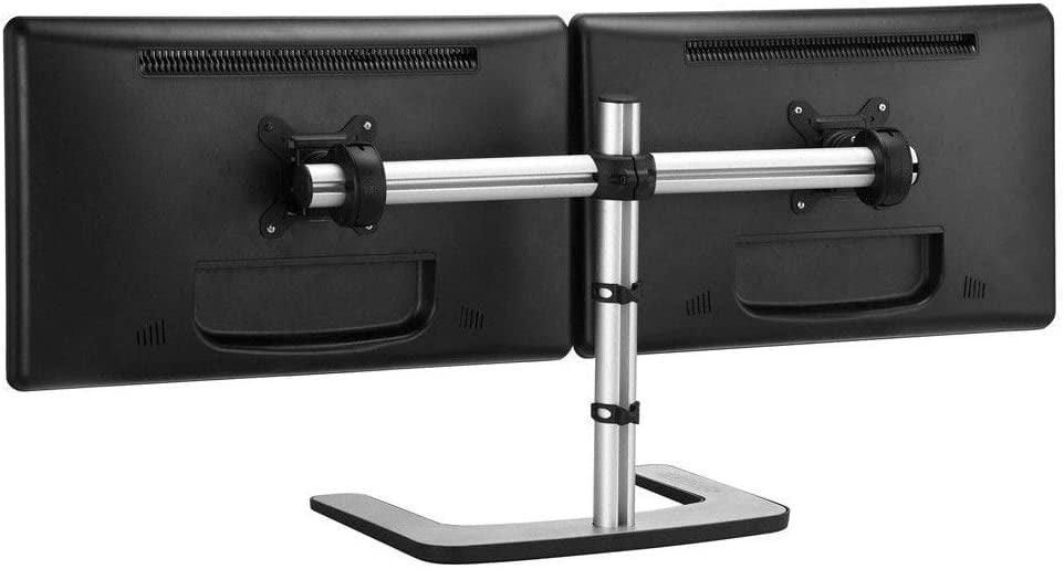 Restored Atdec VFS-DH Dual Freestanding Horizontal Desk Monitor Mount – Supports Two 27″ Monitors, Adjustable Orientation, Swiveling Heads, QuickShift Mechanism, Silver (Refurbished)