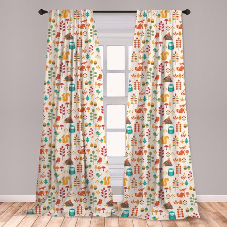 Children Curtains 2 Panels Set, Kids Autumn Pattern with Owl Fox Squirrel Birds Animal Leaves Print, Window Drapes for Living Room Bedroom, Multicolor, by Ambesonne