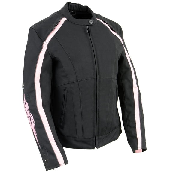 Milwaukee Leather SH1954 Women's Black and Pink Textile Jacket with Stud and Wings Detailing Small
