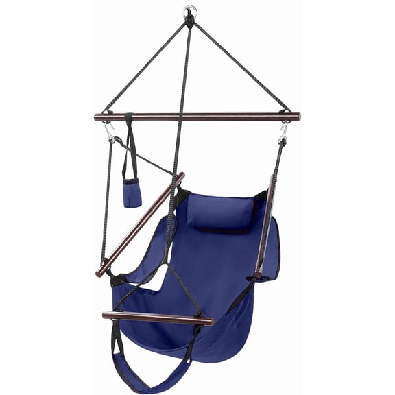 ANHXN Deluxe Hanging Hammock Air Chair Swing Seat with Pillow and Drink Holder, Weather Resistant Solid Wood Swing for Indoor Outdoor Yard Garden Tree Patio Porch