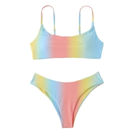 

FOCUSNORM Women Bikini Bra Swimsuit Padded Tops + Low-Waist Briefs Gradient Color Set for Ladies
